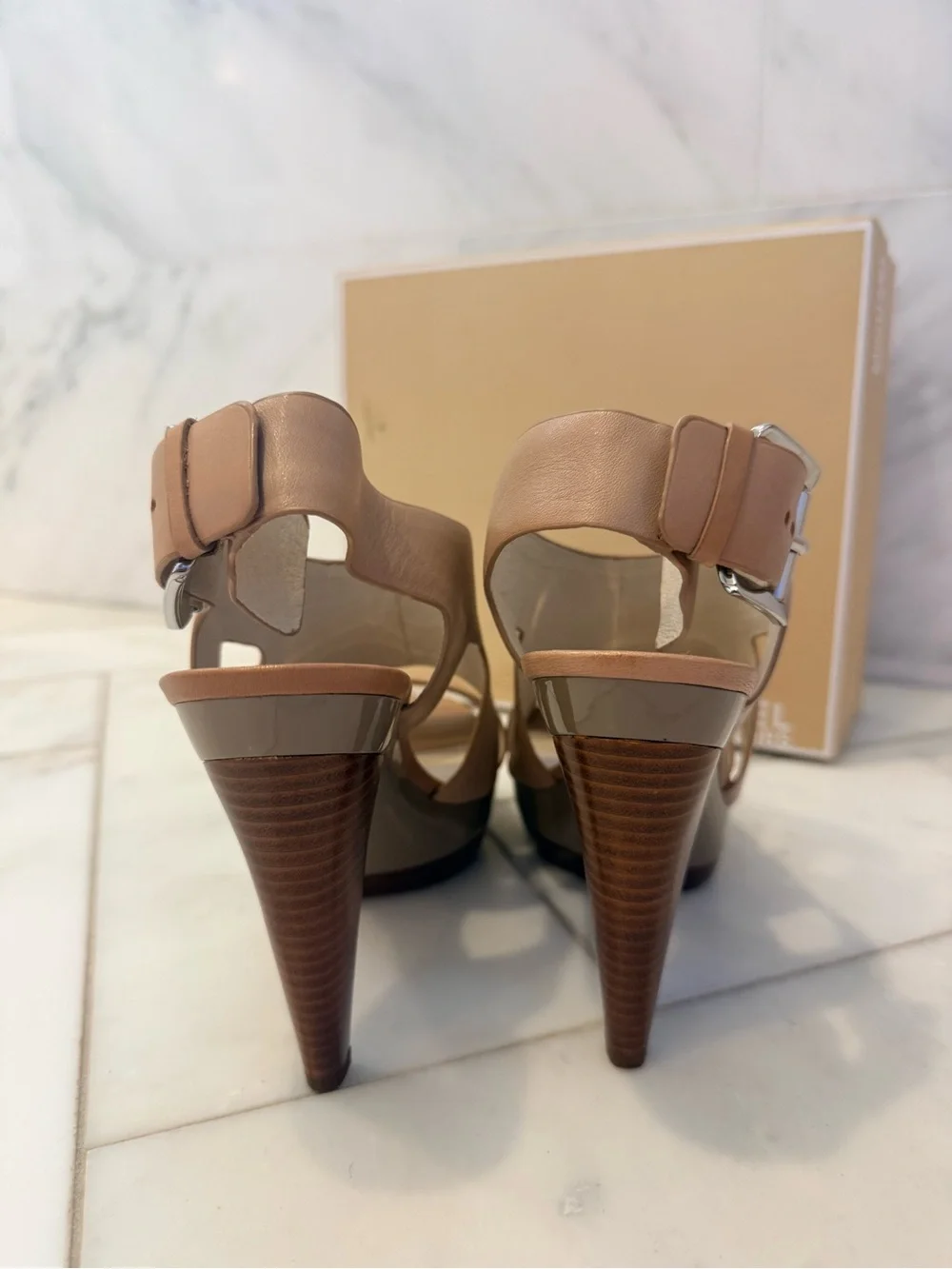 Michael Kors Carla platform Taupe Leather Platform Peeptoe Heels